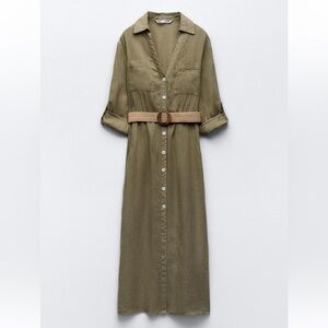 Zara Olive Green Linen Button-Up Shirt Dress
